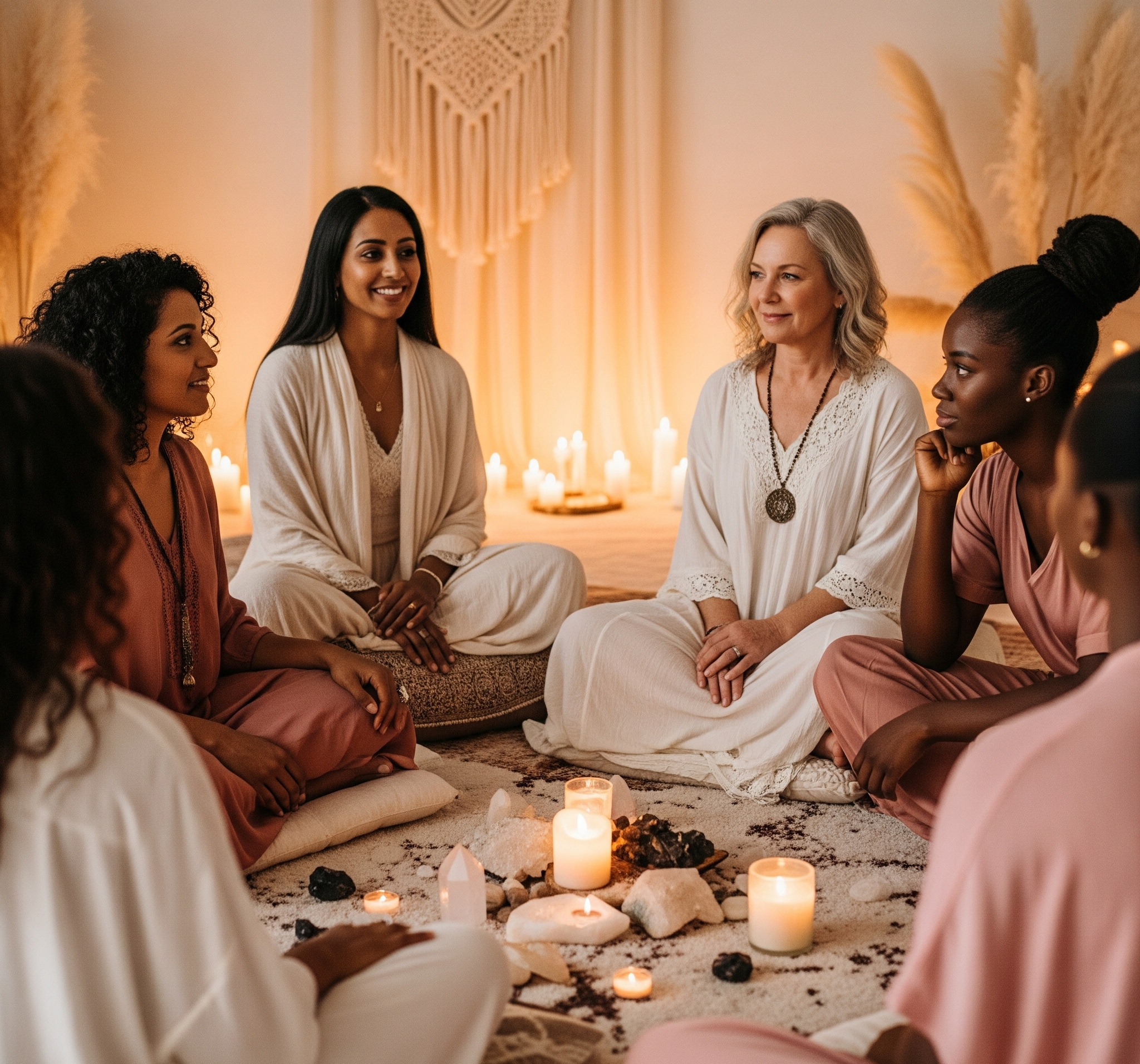 A serene meditation altar with burning sage, crystals, and sacred herbs, representing The Circle community.
