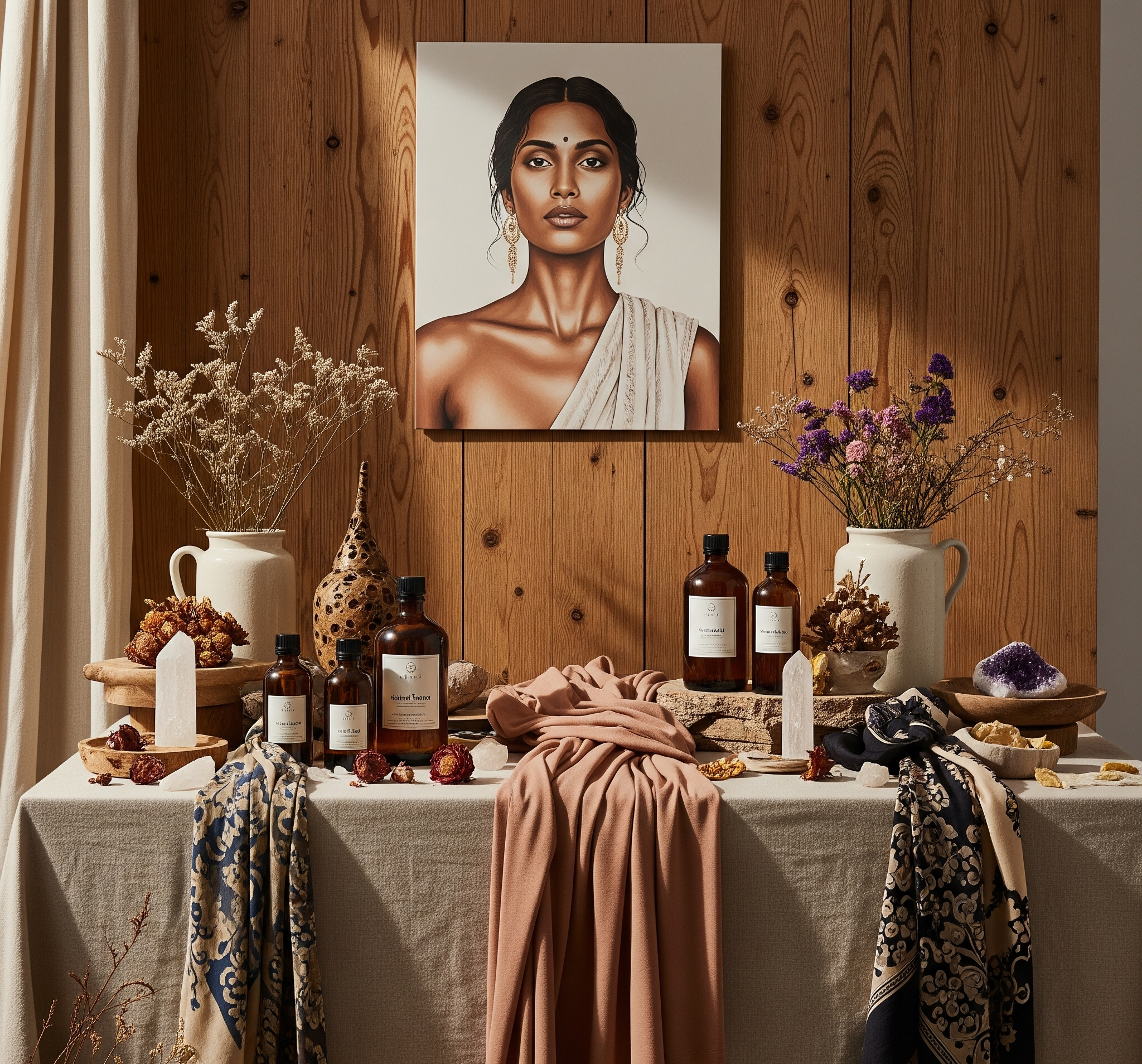 A tranquil, luxurious wellness retreat setting with a woman meditating near pristine water, embodying spiritual renewal.